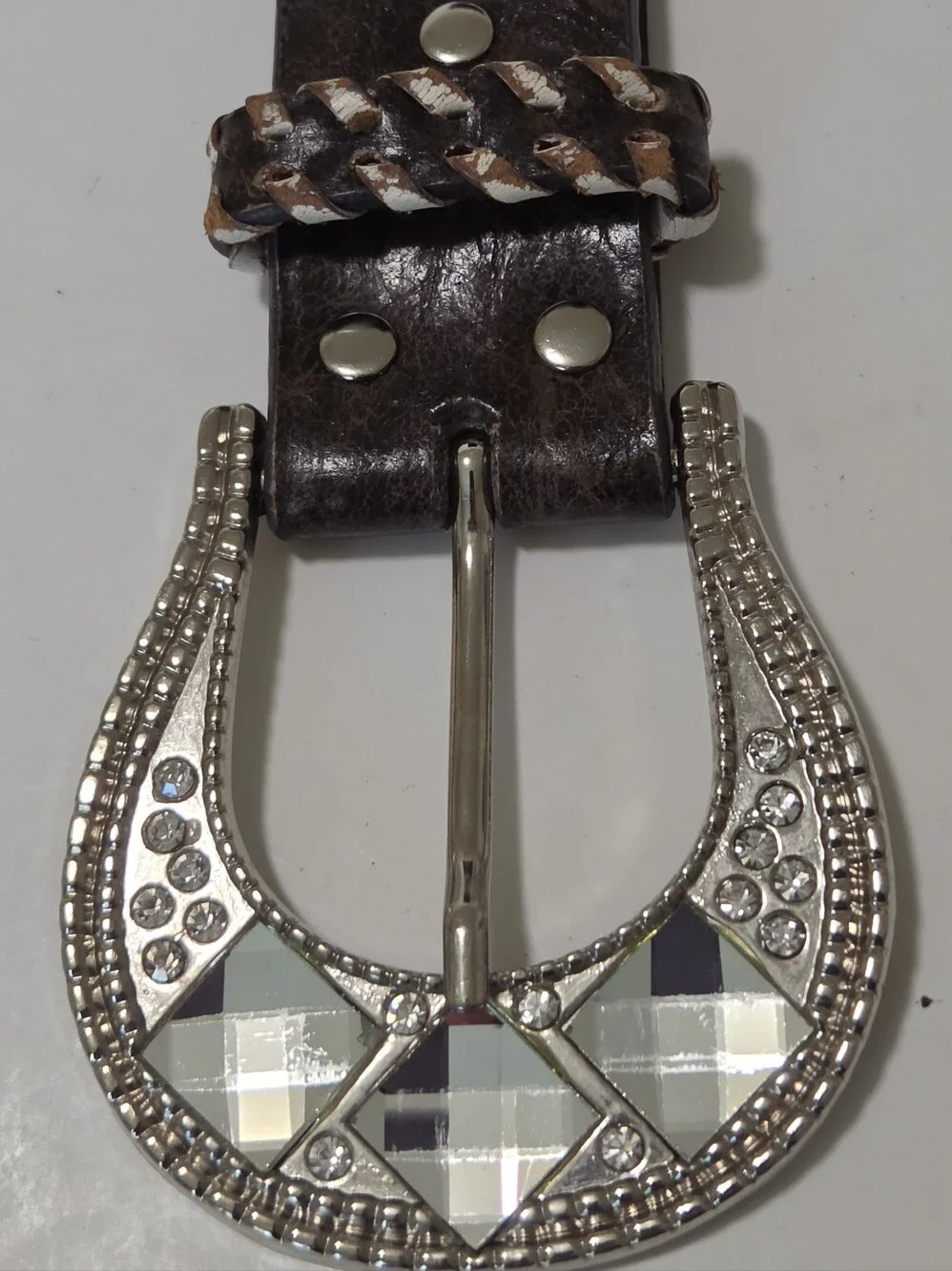 Nocona Brown Leather Belt with Rhinestone Buckle & Embroidery Scroll Size L